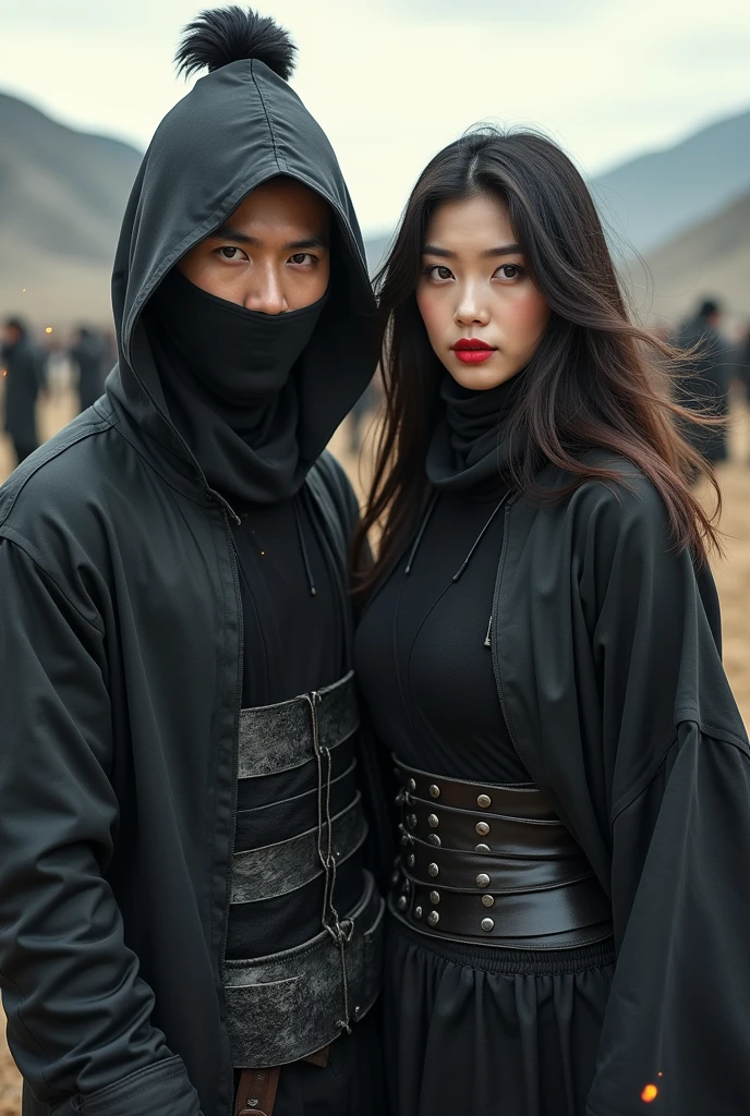 professional photo, portrait of a handsome 19 year old Korean man with hair in a bun, wearing a sninobi costume complete with hair, with his mouth covered with a black veil, red eyes on the right side and blue on the left side standing with a sharp gaze, standing with a beautiful woman with long flowing hair charming face with luscious red lips, beautiful eyes with the same color, wearing the same costume, wearing a black t-shirt and black leather hoodie jacket, complete with an iron-armor visor, loose hair flying in the gentle breeze, the background is a barren field with a high hill behind them, a battlefield, with dozens of ronin samurai surrounding all directions, the picture is so realistic, with the effects of sparks and wind and flying dust, the picture has a slight 3-dimensional touch, very interesting, an extraordinary picture, cinematic, photographic