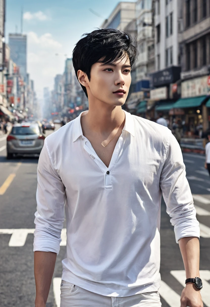 (masterpiece:1,2), top-quality, masterpiece, hight resolution, Original, highly detailed wallpaper, a man, handsome, short hair, real black hair, no tattoos, white skin, upper body, wear youthful clothes, lots of traffic, street background, panoramic view