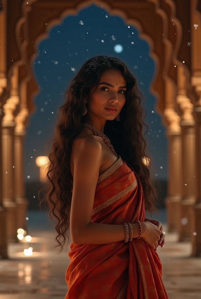 Young Indian woman,bra and saree, ancient palace, night, detailed body, detailed face, ultra realistic, charming, cute, long curly hair, perfect fingers, ambient lighting, winter, detailed background, 8k, sexy, showing armpits big tits