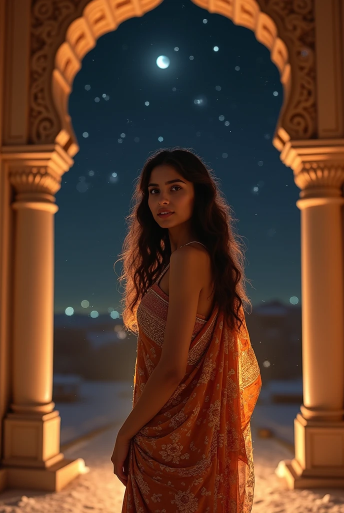 Young Indian woman,bra and saree, ancient palace, night, detailed body, detailed face, ultra realistic, charming, cute, long curly hair, perfect fingers, ambient lighting, winter, detailed background, 8k, sexy, showing armpits big tits 