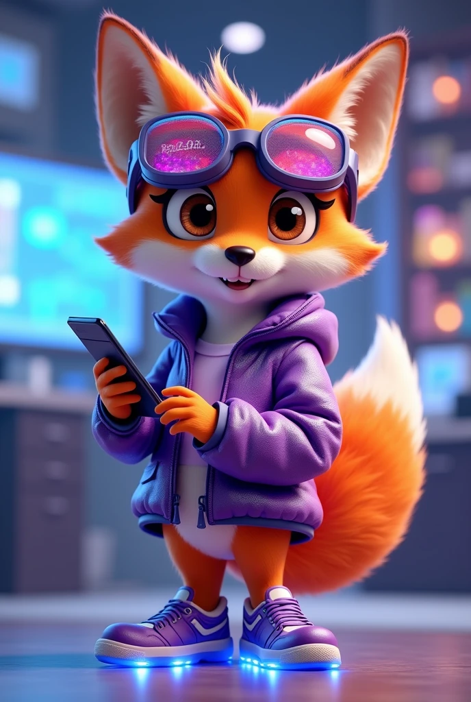 Create a 3D Disney Pixar style young fox named Fluffy, with a look focused on the technology section. She should have vibrant orange fur with white spots on her belly and paws., with big, expressive eyes and cute ears. Cute must be dressed and equipped with modern technological accessories:

vestimentas:

A futuristic purple jacket with neon accents, perhaps with illuminated panels or digital graphics, for a modern and technological look.
Accessories to be included:

A pair of augmented reality glasses (midair) with a futuristic design and bright lenses.
A high-end smartwatch with a holographic display and a silver metal strap.
A stylish wireless headset, featuring a sleek and modern design.
A small portable technology device, como um tablet ou um gadget de alto-tech, that she may be holding or using.
A pair of sneakers with built-in LED, that light up or flash for a technological effect.
Fofinha must have a posture that suggests interaction with technology, como ajustando os óculos midair ou mexendo em um gadget. The background should be a futuristic and technological environment, like a modern office with digital panels or a high-tech control room, capturing the essence of innovation and technology.