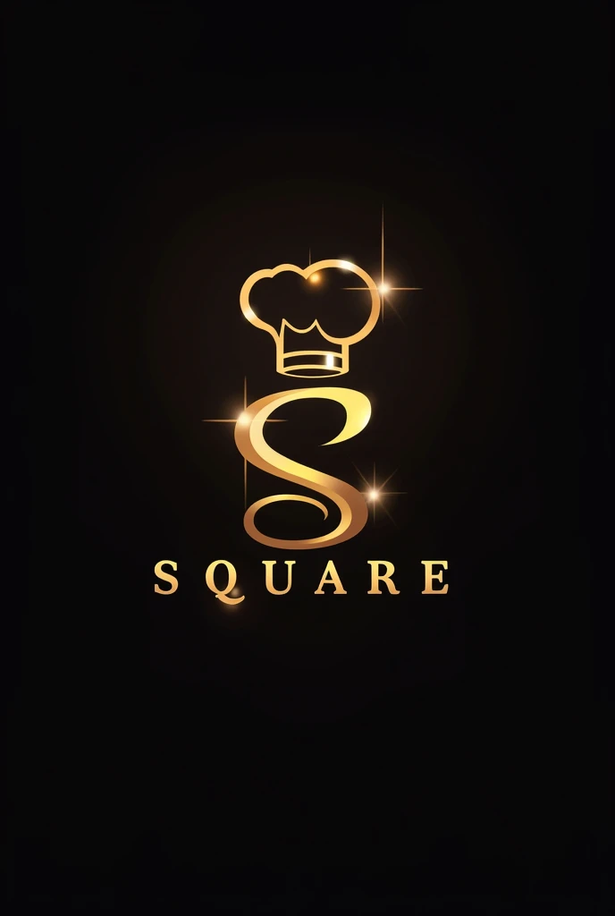 Logo for restaurant named Ssquare junior chef restaurant in square shapes and adding touch of chef also adding symbol of S2 with a black golden colour theme