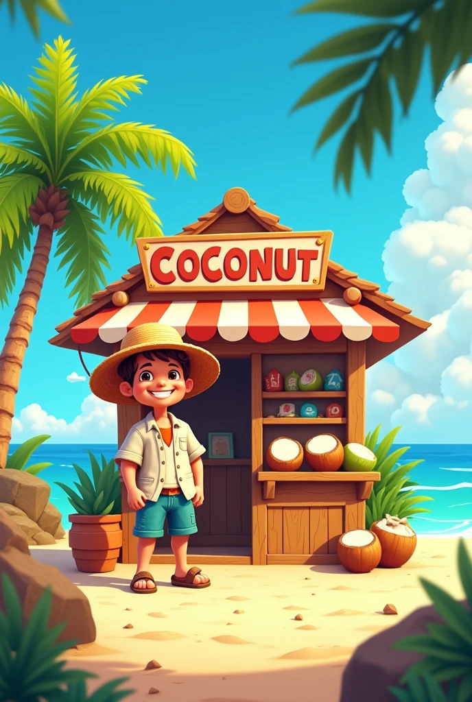 I want you to make me a pixelated coconut seller for a game but do it with his little coconut shop, make it 3d and have a transparent sprite-like background