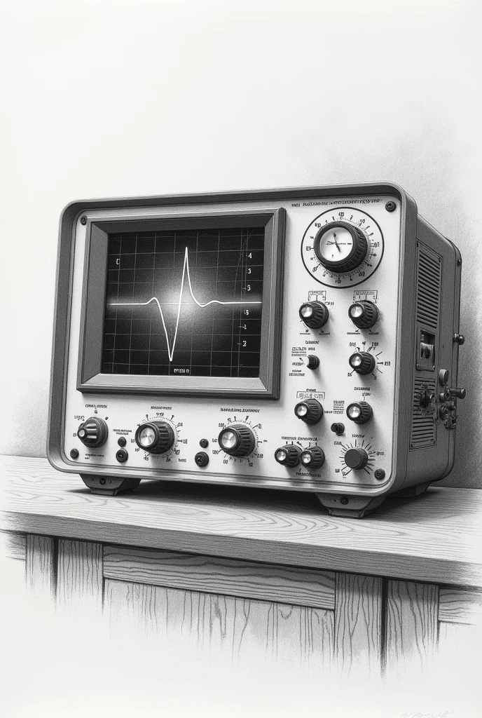 A pencil drawing of a real oscilloscope showing its controls and front view
