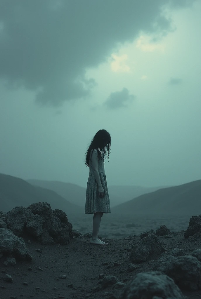 A sad and depressed girl in a lonely world from a far view