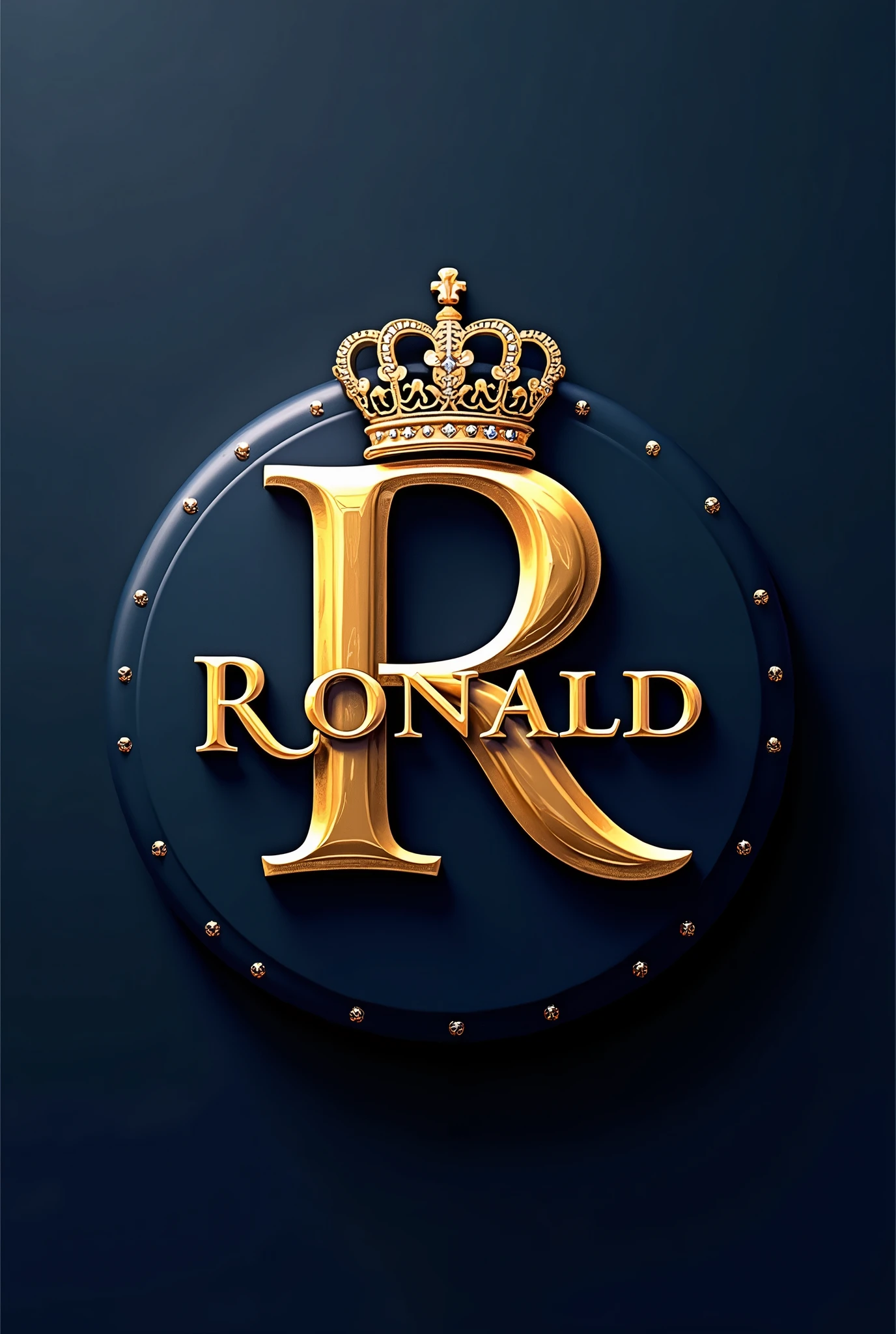 Round logo with the name Ronald Rivera in 3D gold and a small crown over the letter R