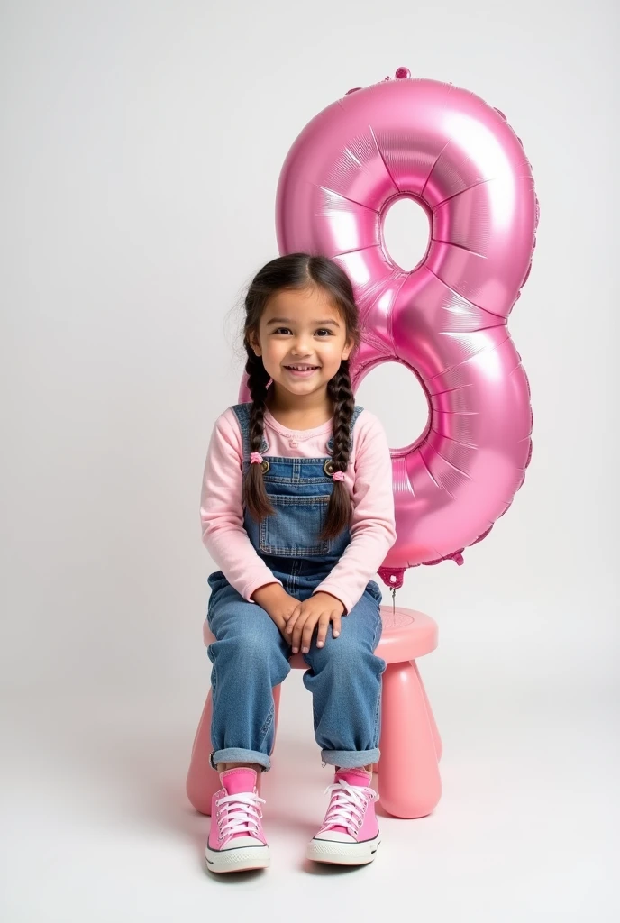 best qualityer:1.4), (ultra high resolution:1.2), (photorrealistic:1.4), (8k, CRU photo:1.2), 1 of 8 years old white, dark brown hair down with a boxer braid, a pink long sleeve blouse, a denim dungaree on top, is wearing pink All Star sneakers. It&#39;s in the white photography studio. She is sitting on a pink chair. On the wall there is a pink balloon shaped like the number 8