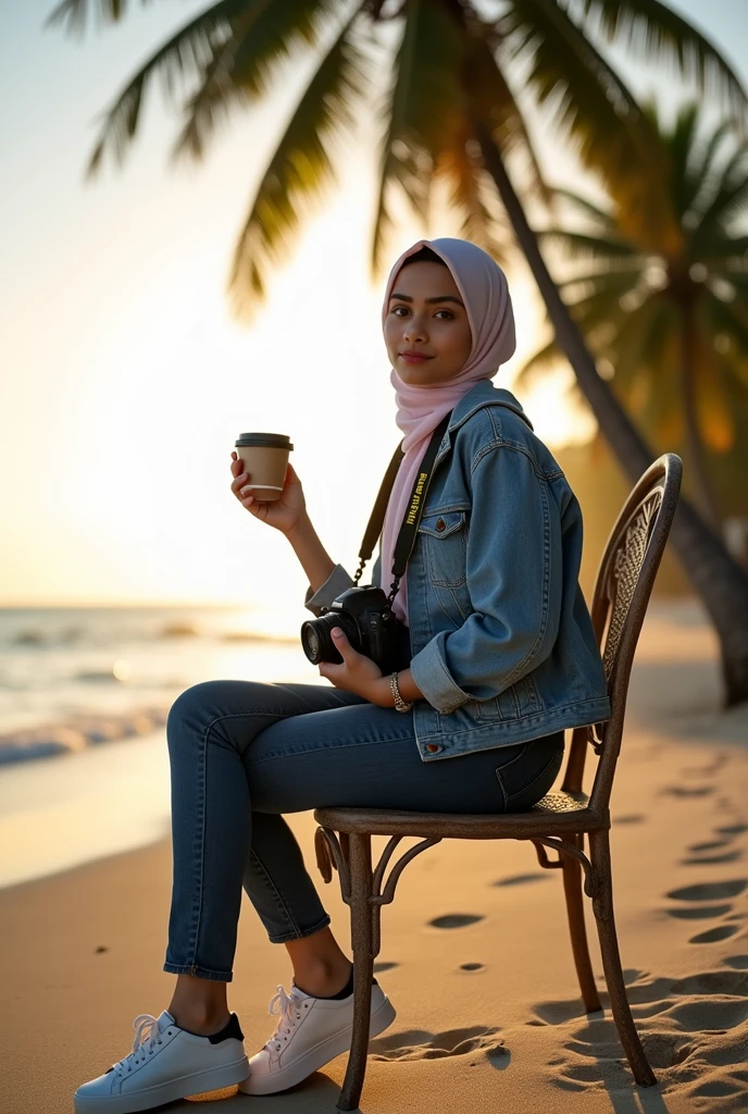 a beautiful Indonesian woman, aged 17, white, well-groomed face, wearing a hijab, wearing a denim jacket, jeans and sneakers. the face should be clear. the woman was sitting on a beautiful iron chair. on a beautiful and wide beach. Beautiful and sunny weather background. You can see the beautiful and wide sea. Around the woman's neck is a NIKON D850 camera. There are beautiful coconut trees on the beach. the woman is holding a chocolate coffee. Beautiful panorama at night in the morning. photography. original photo.8K HD.