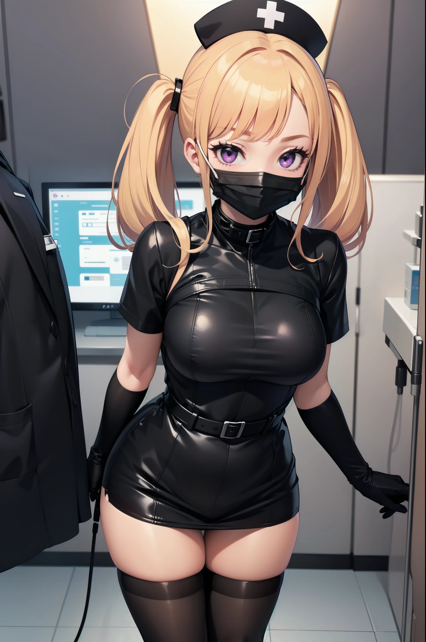 black nurse, 1girl, solo, black nurse cap, black wear, ((black legwear, zettai ryouiki)), black elbow gloves, twintails, yellow hair, purple eyes, ((black surgical mask, covered nose)), standing, ((surgery room)), sharp outline, short sleeves, best quality, masterpiece