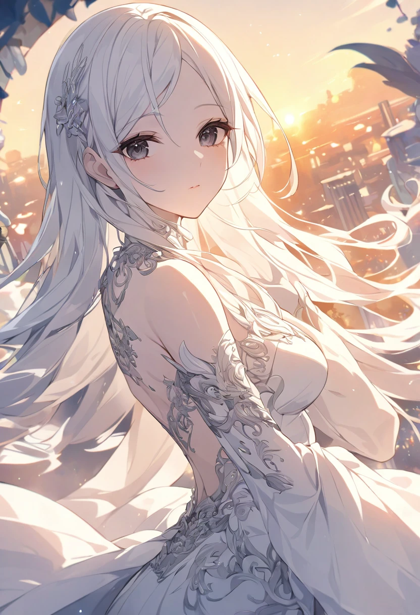 High resolution RAW color art, Vigor,sculpture, silver marble skin, (((Highly detailed elegance))), magical atmosphere, detailed skin, group,(elaborately crafted, to the finer details, very detailed art), depth of written boundaries, bokeh, silky touch, hyper detail,,euphoria, one girl,An anime girl with long white hair and dark black eyes wearing a white dress., black eye,beautiful eyes, Graceful face, Magic City, Sunrise, upper body, (big ass, View below), under the chest