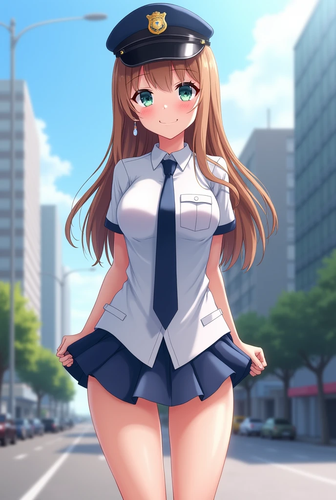 masterpiece, Highest quality,alone, (Detailed face), Minami Kotori, Curved body, Huge breasts,from the front,Sweaty, Embarrassing,mini skirt、Miniskirt Police、Spread your legs、白いpanties、(panties、 white ),Earrings, Elbow hand pockets, tie , Are standing,Police hat,On the street,View your viewers, Cowboy Shot, Thighs, Wide Hips, Knee socks 、Nipplesが見えている、Nipples、Topless、Topless