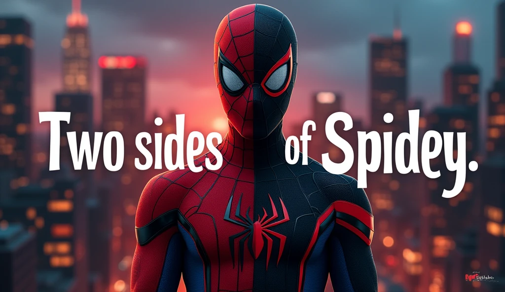 "prompt": "Create a YouTube thumbnail featuring a split-screen effect with Spider-Man on one side in his suit, looking confident and heroic, and on the other side showing his civilian identity, looking worried and human. The color scheme includes bold blacks and reds with high contrast, creating a dramatic effect. The text 'Two Sides of Spidey' is in bold, white font with a black outline, emphasizing the duality of his life."