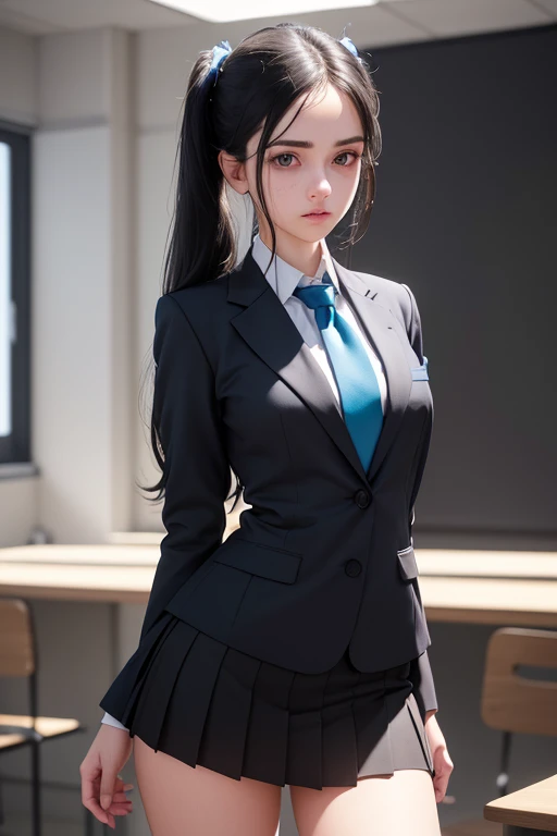 1girl, beautiful young woman, long black hair, twin tails, blue blazer uniform, tie, tight skirt, knee socks, standing in anatomy club room, gazing at viewer, sweet expression, human body drawings on blackboard, (best quality,4k,8k,highres,masterpiece:1.2),ultra-detailed,(realistic,photorealistic,photo-realistic:1.37),anatomy,scientific,precise,hyper-realistic,intricate details,vivid colors,cinematic lighting,volumetric lighting,depth of field,photo-realistic rendering
