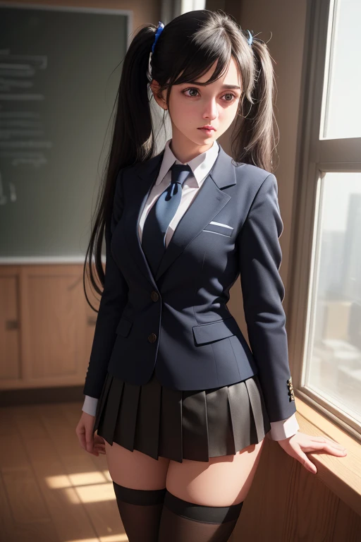 1girl, beautiful young woman, long black hair, twin tails, blue blazer uniform, tie, tight skirt, knee socks, standing in anatomy club room, gazing at viewer, sweet expression, human body drawings on blackboard, (best quality,4k,8k,highres,masterpiece:1.2),ultra-detailed,(realistic,photorealistic,photo-realistic:1.37),anatomy,scientific,precise,hyper-realistic,intricate details,vivid colors,cinematic lighting,volumetric lighting,depth of field,photo-realistic rendering