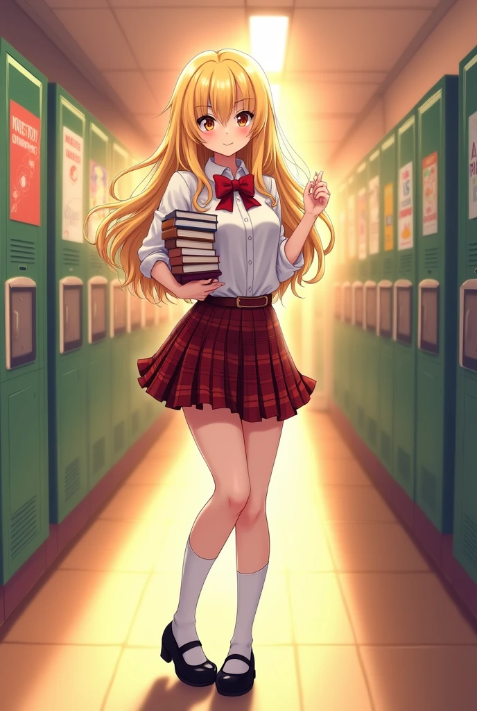 Draw a blonde woman, with big breasts and big butt, dressed as a schoolgirl.