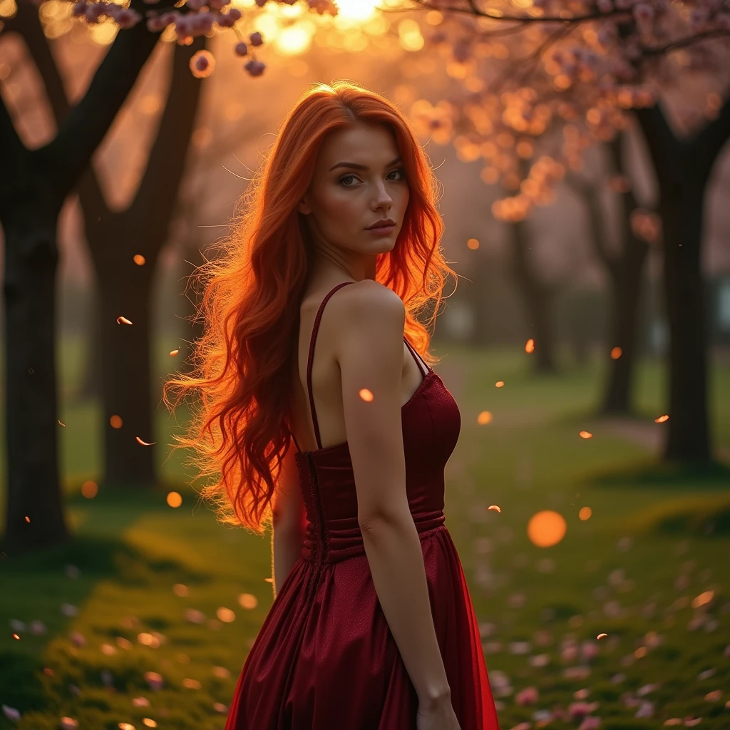 woman with red hair, evening dress, beautiful park in the background