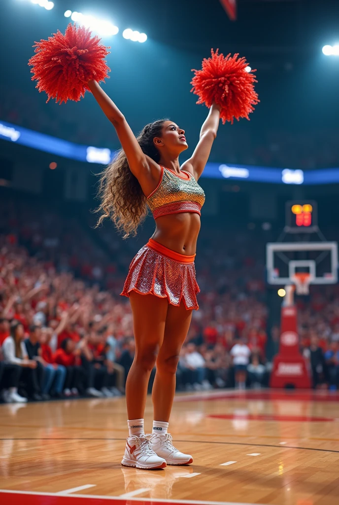 Photorealistic image of a cheerleader during a break in an NBA basketball match, vibrant uniform adorned with sequins sparkling under arena lights, dynamic pose with pom-poms raised high, intricate details of the crowd in the background showcasing excited fans with team merchandise, hardwood court reflecting the bright lights, panoramic view capturing the energy of the game, facial features expressing focus during the performance, captured in a wide-angle lens to emphasize the lively atmosphere and movement.