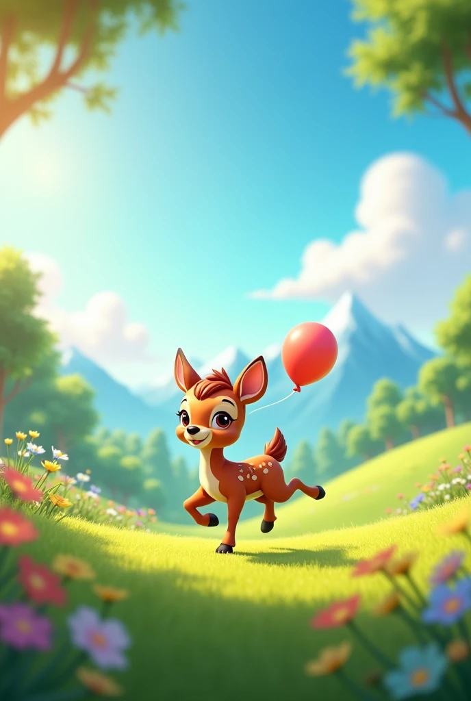 MAKE ME A 3D CARTOON VIDEO OF A LITTLE DEER CHASING A BALLOON WITH A BEAUTIFUL NATURAL VIEW.