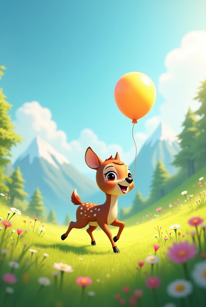 MAKE ME A 3D CARTOON VIDEO OF A LITTLE DEER CHASING A BALLOON WITH A BEAUTIFUL NATURAL VIEW.