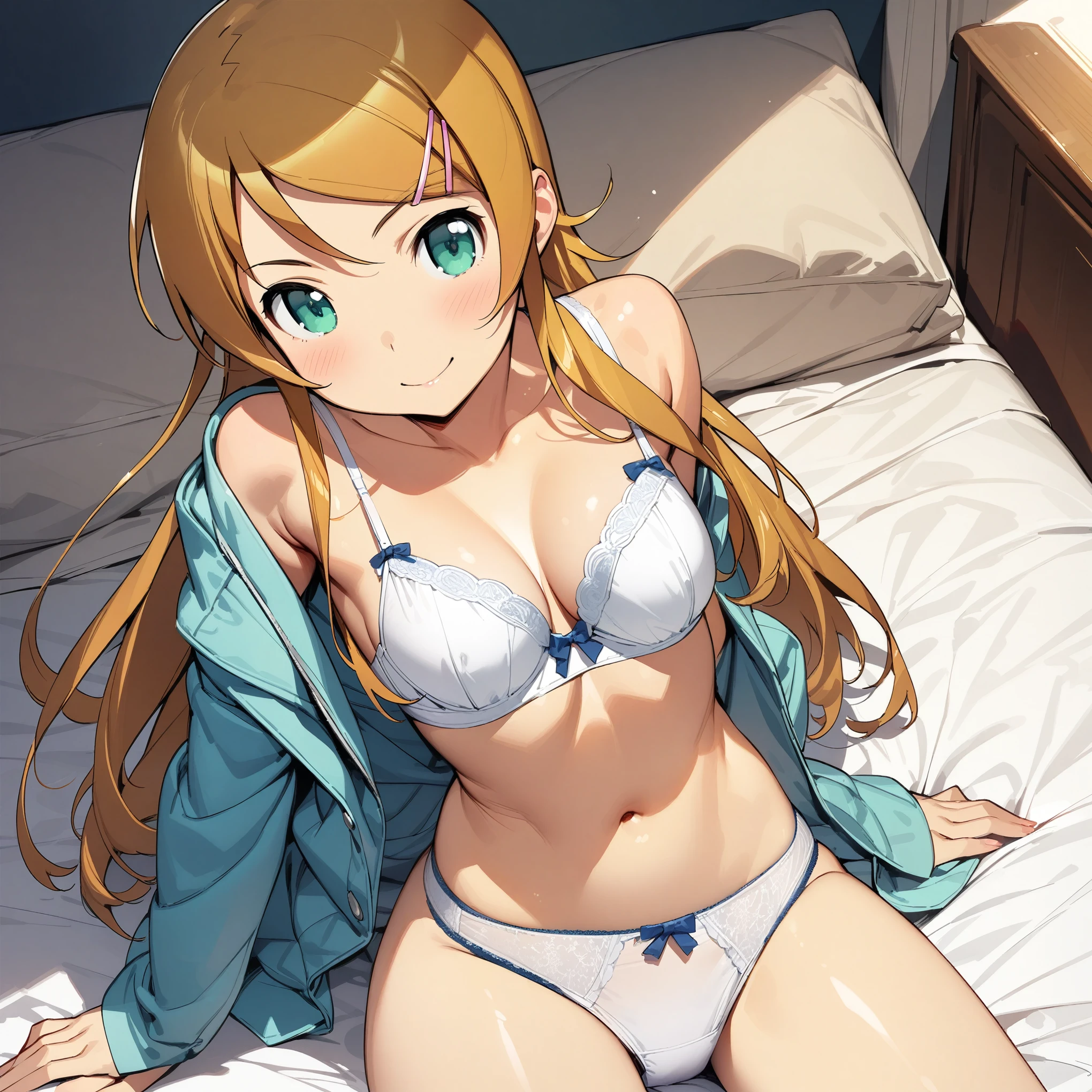 (masterpiece),(Highest quality),(Very detailed),(Best illustrations),(Best Shadow),(Bed with blue sheets),(so beautiful), kirino kousaka, Blonde, Long Hair,Hair Clip, Green Eyes,bangs,take off your clothes,smile,whole body,Showing off,White panties,Detailed panties,White bra, Details Bra,tits,Sitting Woman,Showing panties,