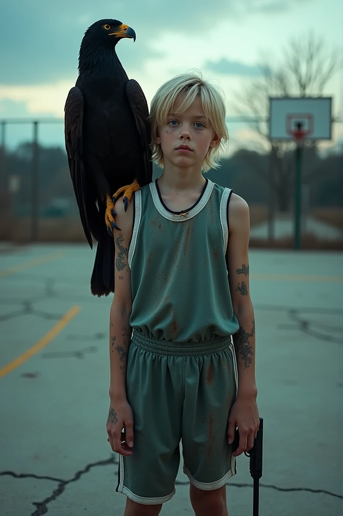The blond boy,standing on the basketball court with many dead bodies, Wear a basketball jersey, hands and feet  scars, dangerous look, carry a pistol, carrying a black eagle, blue eyes, black pickled skin