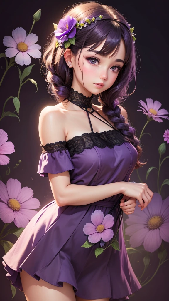 A  nice girl   full of purple flowers, purple floral background 