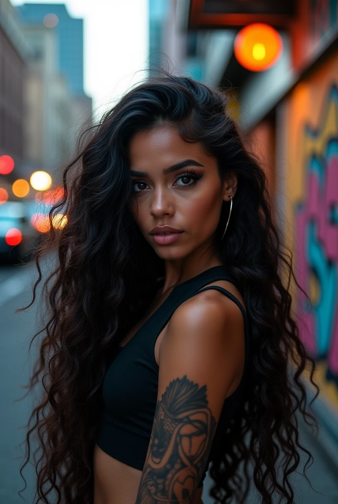 beautiful latina girl, half body portrait, long curly hair, black eyeshadow, (street style wear:1.2), (city background:1.2), dark makeup, highly detailed, fine detail, intricate, beautiful detailed glow, detailed, Cinematic light, highres, detailed facial features,sharp focus, smooth, aesthetic,