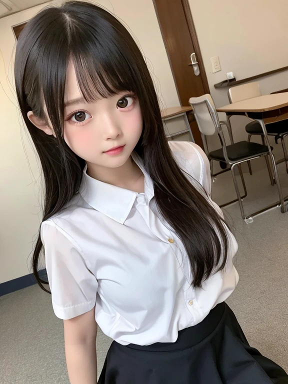 9 years old, elementary school students, full body, best quality, 8K, (Extremely detailed eyes, Extremely detailed face), very cute face, white shirt, black skirt, school uniform, musume san, long hair, bangs, 1 girl,  big breast, in the roo, looking at viewer, low angle, nsfw,