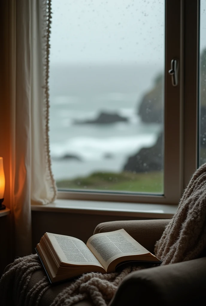 a room window a book on the chair view the sea raining peace