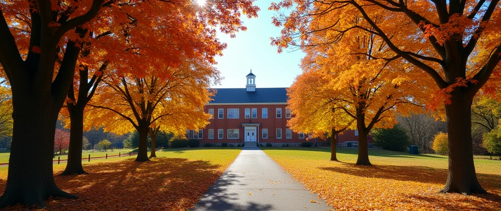 A path lined with trees covered in golden and red leaves, leading to a classic brick school building, with a clear blue sky above, evoking the feeling of a crisp September morning.