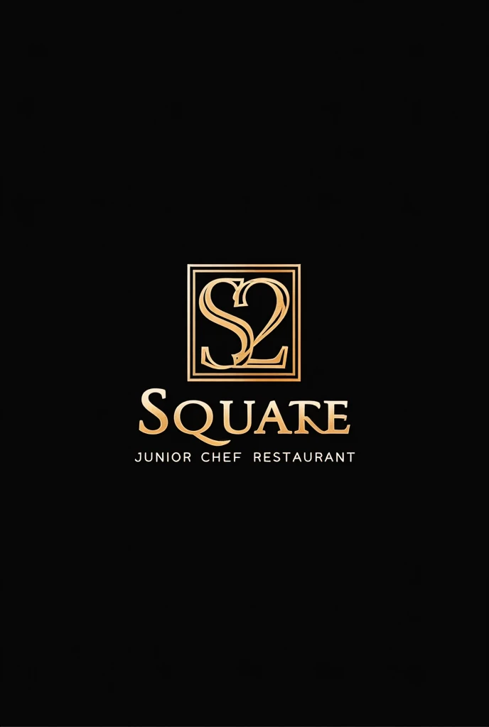 Logo for restaurant named Ssquare junior chef restaurant in square shapes and adding touch of chef also adding symbol of S2 with a subtitle of junior chef restaurant with a black golden colour theme
