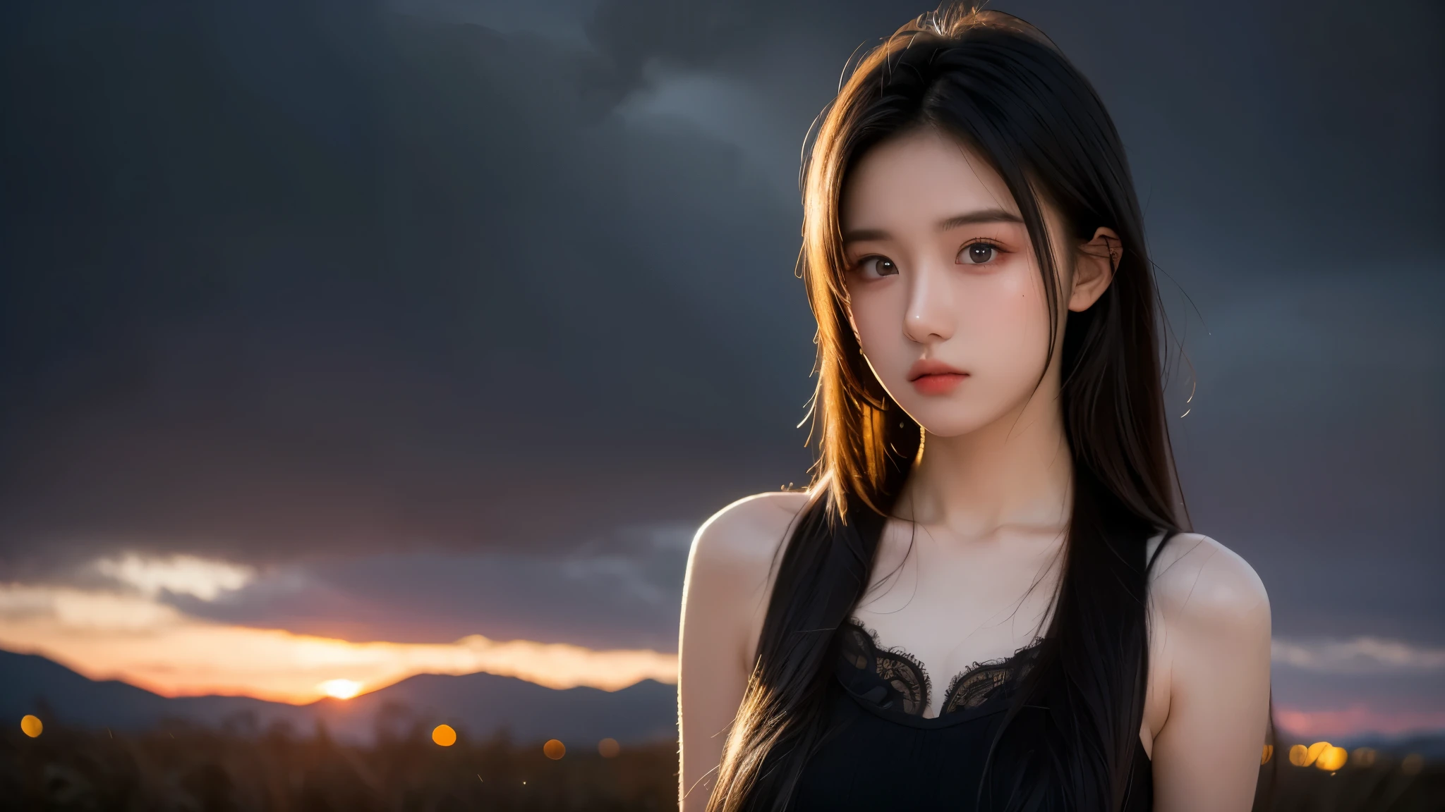 An 8k masterpiece, the highest resolution, every detail, meticulous detail, depth of field, bright colors, beautiful composition: an 18-year-old adolescent girl with black hair and beautiful innocent eyes in stunning detail, standing on a dark and ominous background.