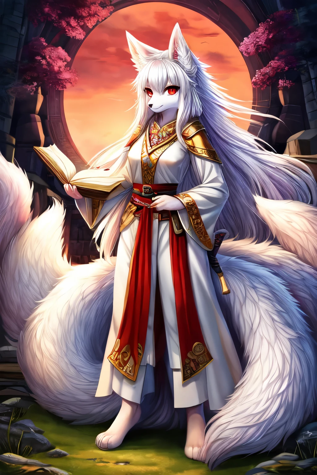 ((best quality)), ((masterpiece)), (detailed), 1girl, royal clothes, cute, anthro, kemono, kitsune, 9 tails, holding a katana, holding a book, white fur color, fluffy, red eyes, long hair, hot looking, full body, sword on back, full body clothes, awesome looking, awesome background, royal acessories, high detailed fur, multiple tails, very fluffy,