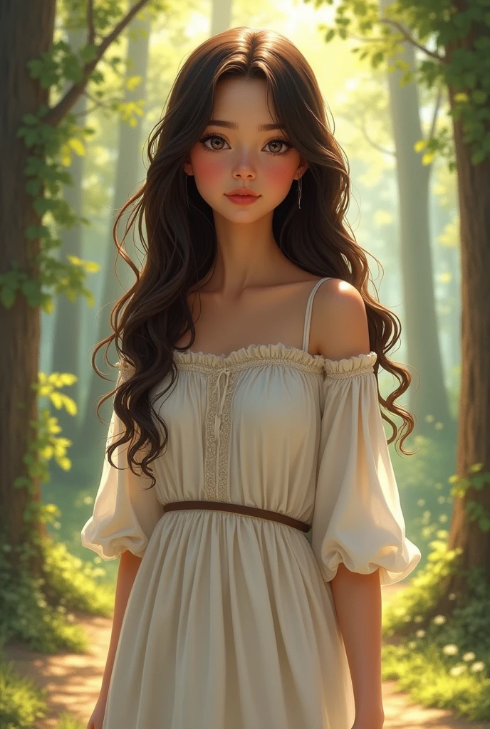 Alicia round dark eyes, blushing mouth, somewhat rounded face and not marked on the jaw, Loose Clothes, white , parecida com a white de neve mas seus cabelos são castanhos escuros e cumpridos até a altura da cintura ondados nas pontas. It would always be