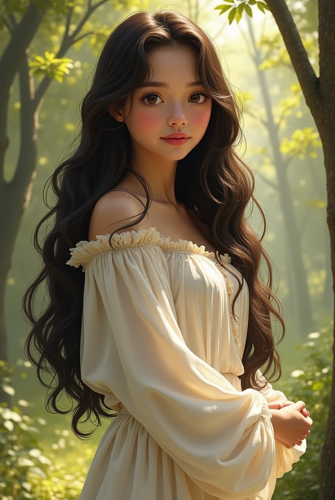 Alicia round dark eyes, blushing mouth, somewhat rounded face and not marked on the jaw, Loose Clothes, white , parecida com a white de neve mas seus cabelos são castanhos escuros e cumpridos até a altura da cintura ondados nas pontas. It would always be