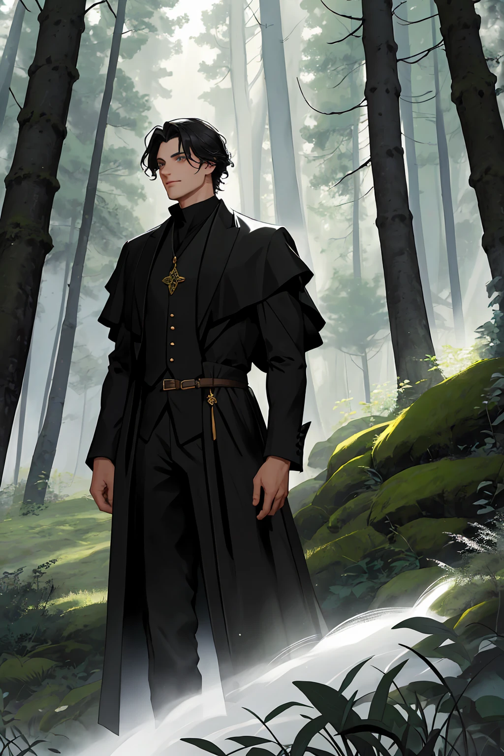 man, 30 years, elegant, black suit, deep grey eyes, short black hair, face confident, dense forest in the background, fantasy, strict medieval style of clothing, european style, face confident с лёгкой усмешкой, dense green forest, light breaks through the trees, a light fog envelops the forest, costs