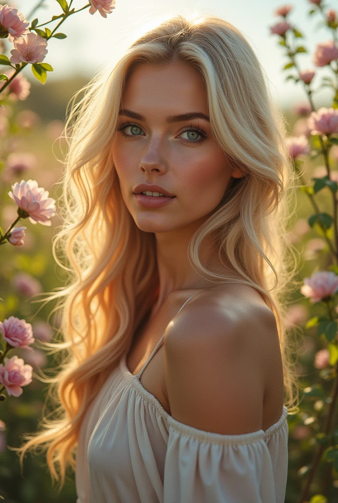 Femme blonde aux yeux bleu avec un visage qui est beau avec des levres de taille normales et un nez de moyenne taille qui est realiste on dirai une vraie personne pzs une ia avec des joues de tailles moyennes