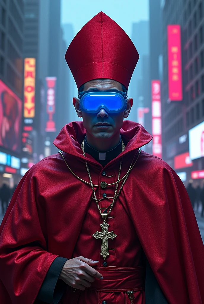 (photorealism:1.2), You can make a cyberpunk priest where his robe is wine red and he wears a blue big visor and has a red papal cap.
He takes inspiration from the Pope Emeritus but is more colorful and looks serious. He have a cap