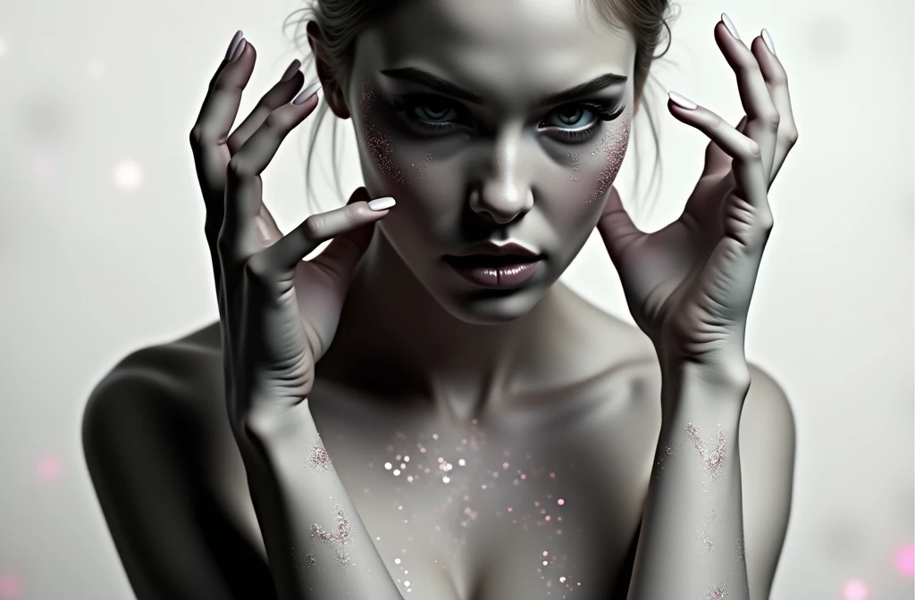 (((masterpiece))), (((Highest quality))), ((Very detailed)), (photograph), (photo:1.2) of a beautiful girl, 1girl, highly detailed face, beautiful detailed eyes, beautiful detailed lips, extremely detailed face and eyes, long eyelashes, glowing skin, photorealistic, 3D, full body portrait, submerged in a sea of pink glitter, intricate details, shimmering, sparkling, iridescent, mesmerizing, dreamlike, ethereal, cinematic lighting, dramatic shadows, vibrant colors, soft focus, hyper realistic, masterpiece. [Entire scene is surrounded by mist, evoking a mysterious and eerie atmosphere. The lighting is dark and atmospheric, with smoke and fog adding a touch of sinister ambiance. Best quality image, HDR enhancement, showcasing the utmost level of detail and realism]. [8K, Best Quality, Ultra High Resolution, (highly detailed CG unity 8k wallpaper), (best photo), (best shadows), isometric 3D, octane rendering, ray tracing, highly detailed, (Best quality, 4K, 8k:1.2), absurdity, ultra detailed, (realistic, photorealistic, photorealistic:1.37), complex parts, HDR, (complex parts:1.12), (hyper detailed, hyper realistic, Soft lighting, spicy:1.2), (complex parts, Hyper detailed:1.15). Blurred foreground. (backlit), masterpiece, high quality, brightness, chromatic aberration, foggy smoke, shadows, contrast, (warm hue, warm tone), high details, natural reflections]. many details. Cinematic lights. photo.