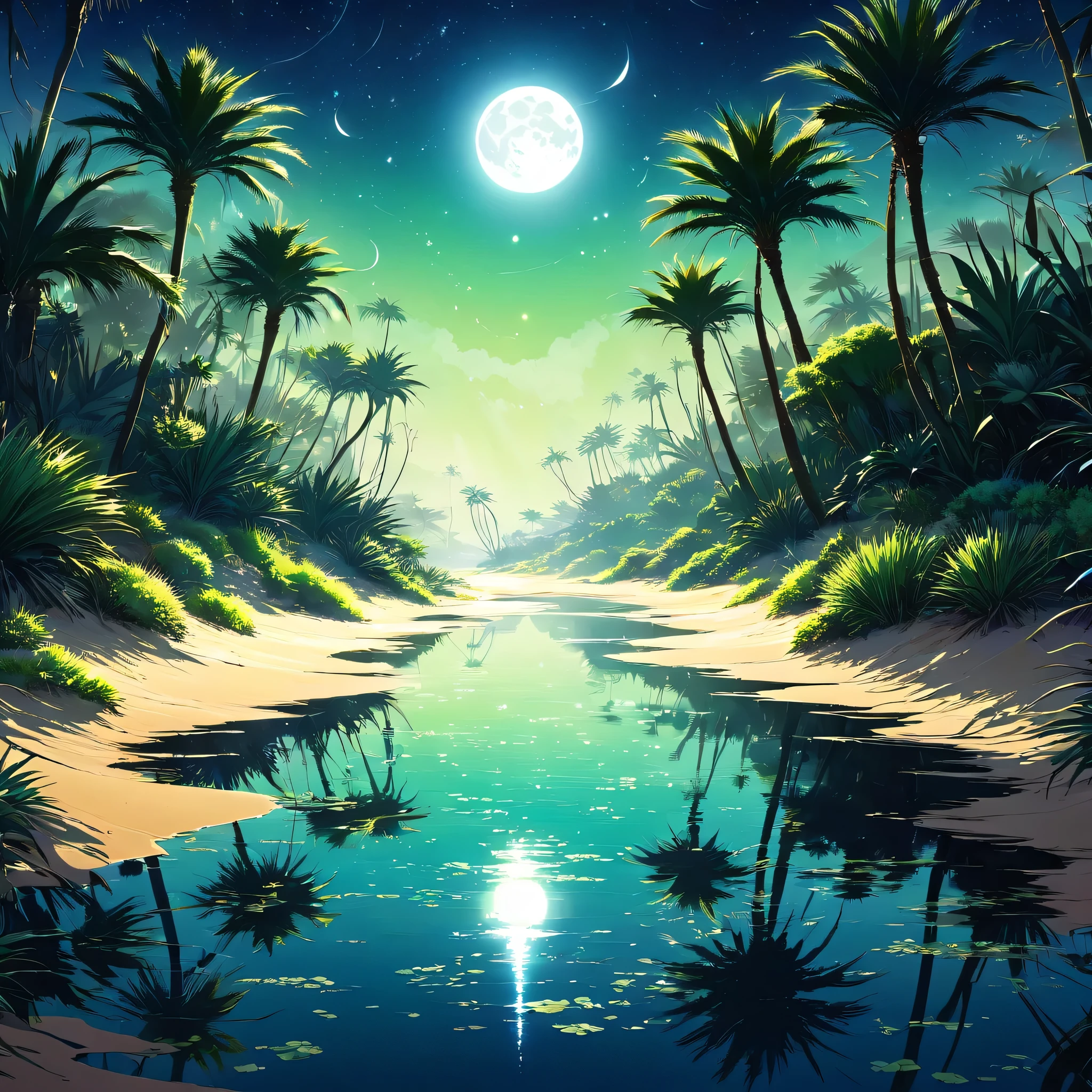 desert, oasis, night, moon, moon light, star, star, milky way, Silence, Tranquility, water, Water surface, reflection, Palm tree, silhouette, Shadow, Sand Dunes, Wind lines, green, Blue, Group green color, black, white, silver, mystery, Fantasy, beautiful, grow, Magnificent, Cold air, Warm air, Temperature difference, Mirage, animal, Fox, Scorpion, Snake, bird, owl, Bat, plant, Cactus, flower, bloom, vitality, contrast, dramatic, Shadow Art, mystery, Romance, expedition, adventure, , The World of Silence, time, forever, Take a deep breath, Healing, peace, Gems of the Desert, Hidden Paradise,beautiful Anime Scenery, Landscape painting, Beautiful digital painting, andreas rocha, Beautiful artwork illustration, Awesome Wallpapers, Raymond Han, tall beautiful painting, Studio Greeble Makoto Shinkai, beautiful wallpaper, Anime Scenery