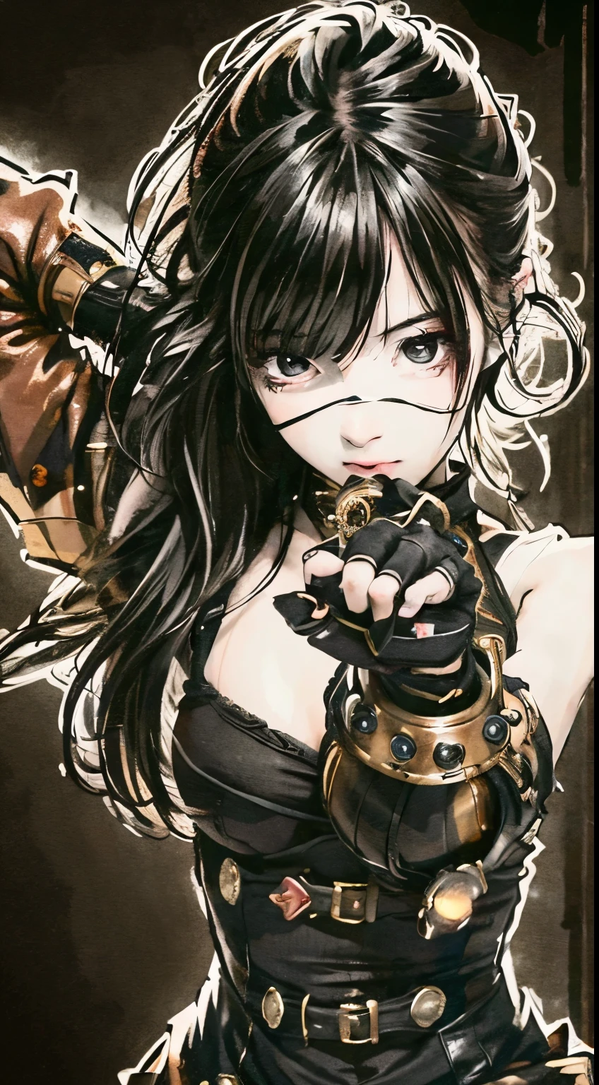 Enhanced dynamic perspective,Steampunk fighting girl,Fighting bandages on hands,Cool fighting pose,A resolute look,Simple background,masterpiece,high quality,4K resolution,Ultrafine,detailed,precise,Movie Lighting,