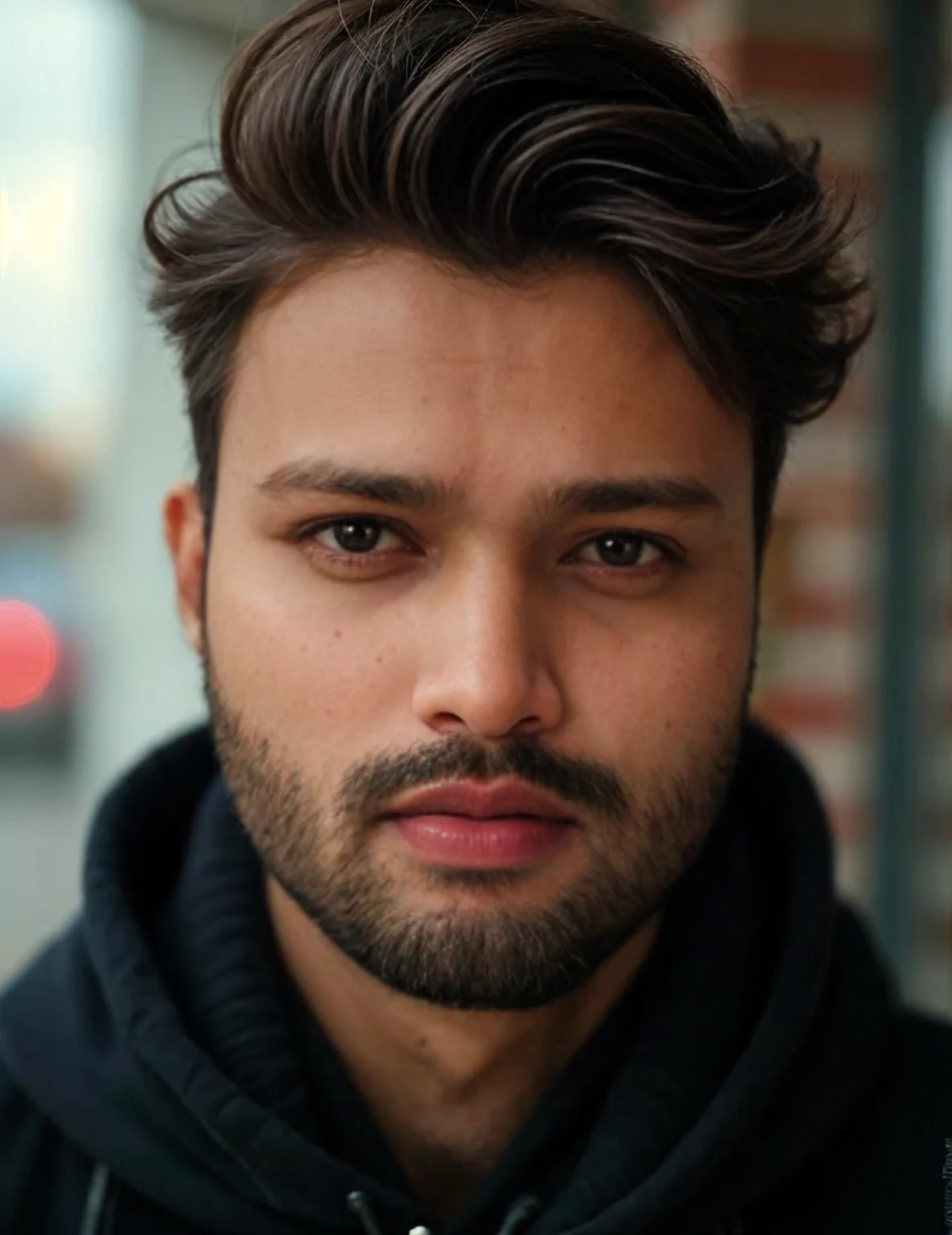 A beautiful young bearded man with highly detailed skin.black hair.happy emotion