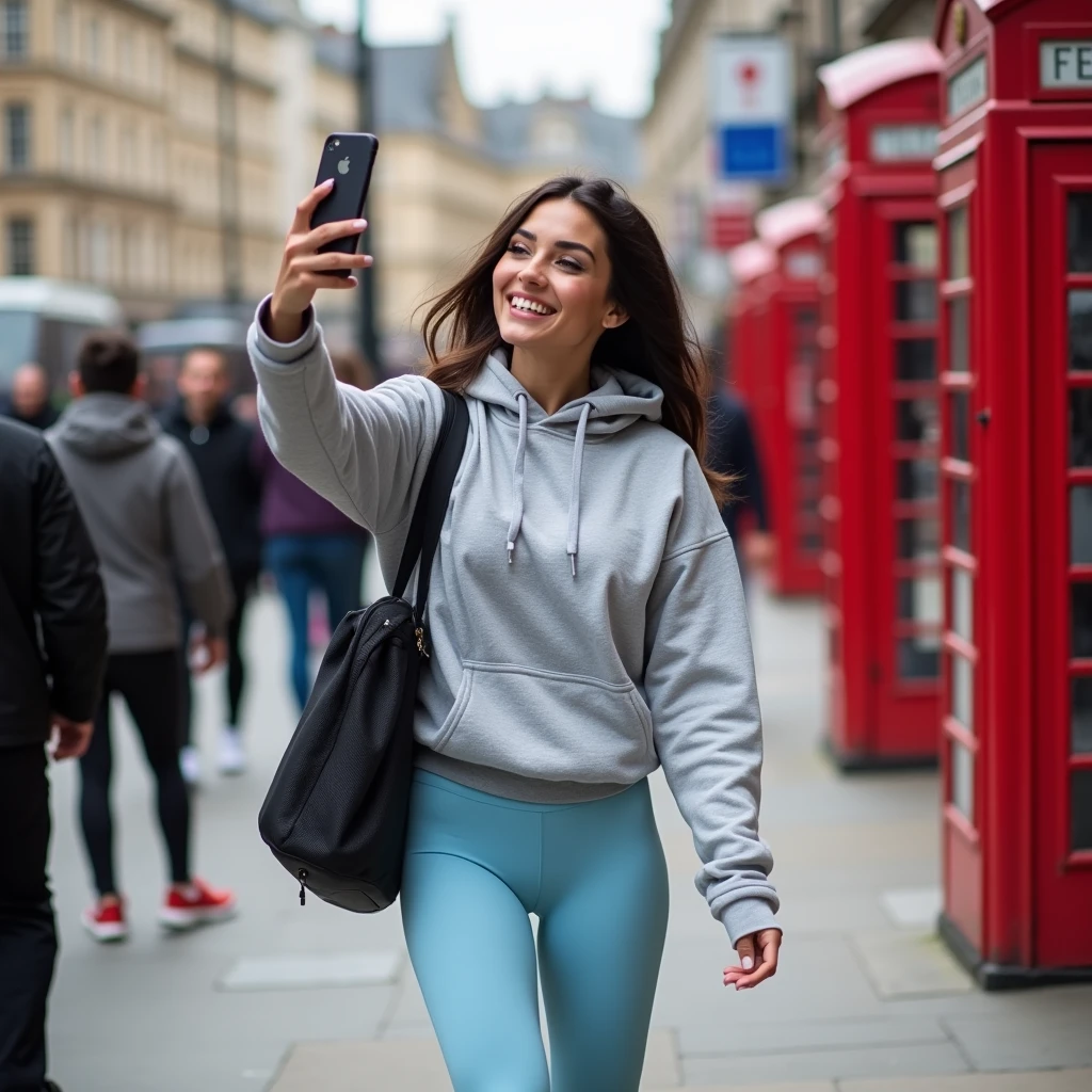 Beautiful brunette model, flirty smile , walking down a London sidewalk, gym bag on shoulder, wearing baby blue Lululemon scrunch butt leggings and grey hoodie, taking a selfie, POV Camera, with an iPhone 15 pro max at home