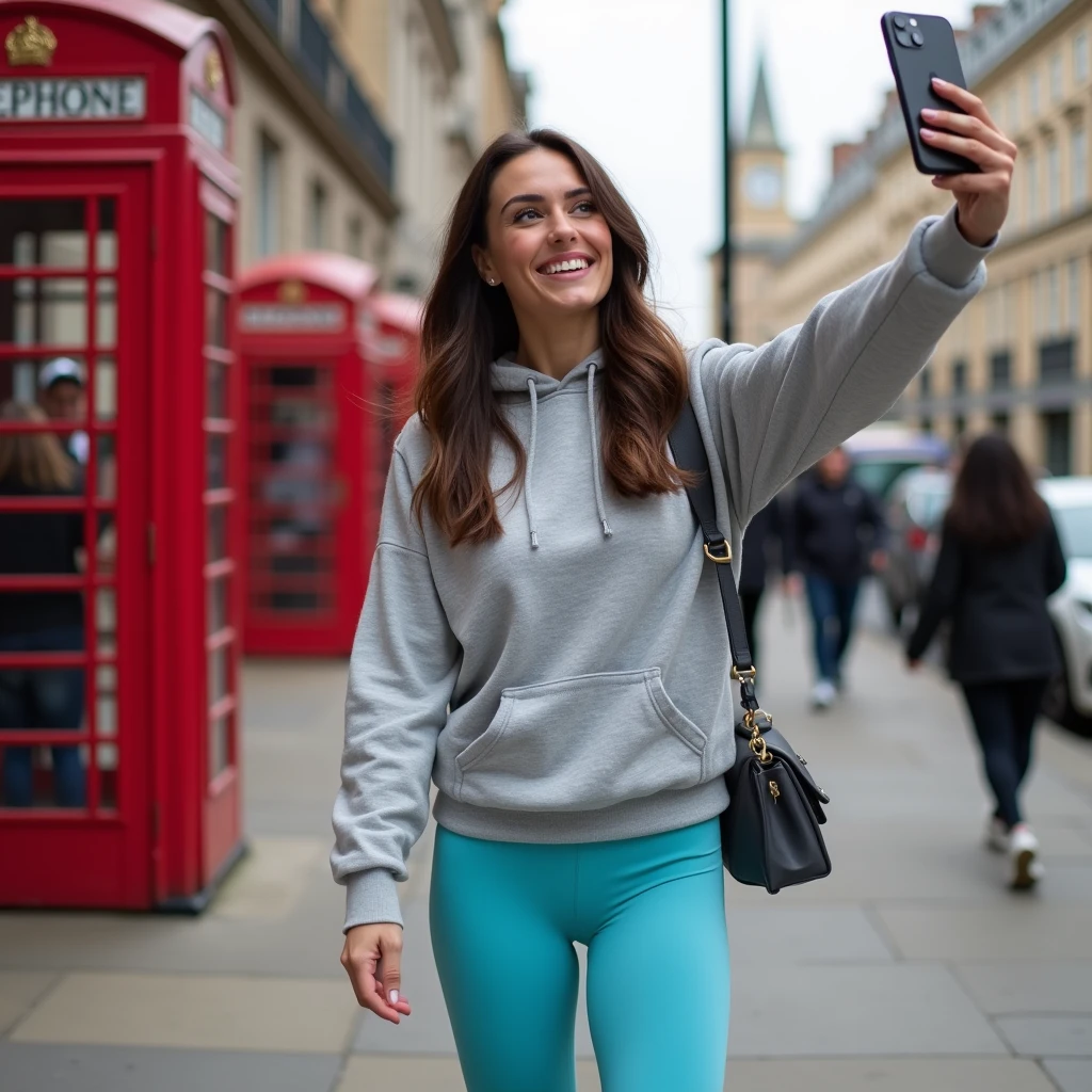 Beautiful brunette model, flirty smile , walking down a London sidewalk, gym bag on shoulder, wearing baby blue Lululemon scrunch butt leggings and grey hoodie, taking a selfie, POV Camera, with an iPhone 15 pro max at home