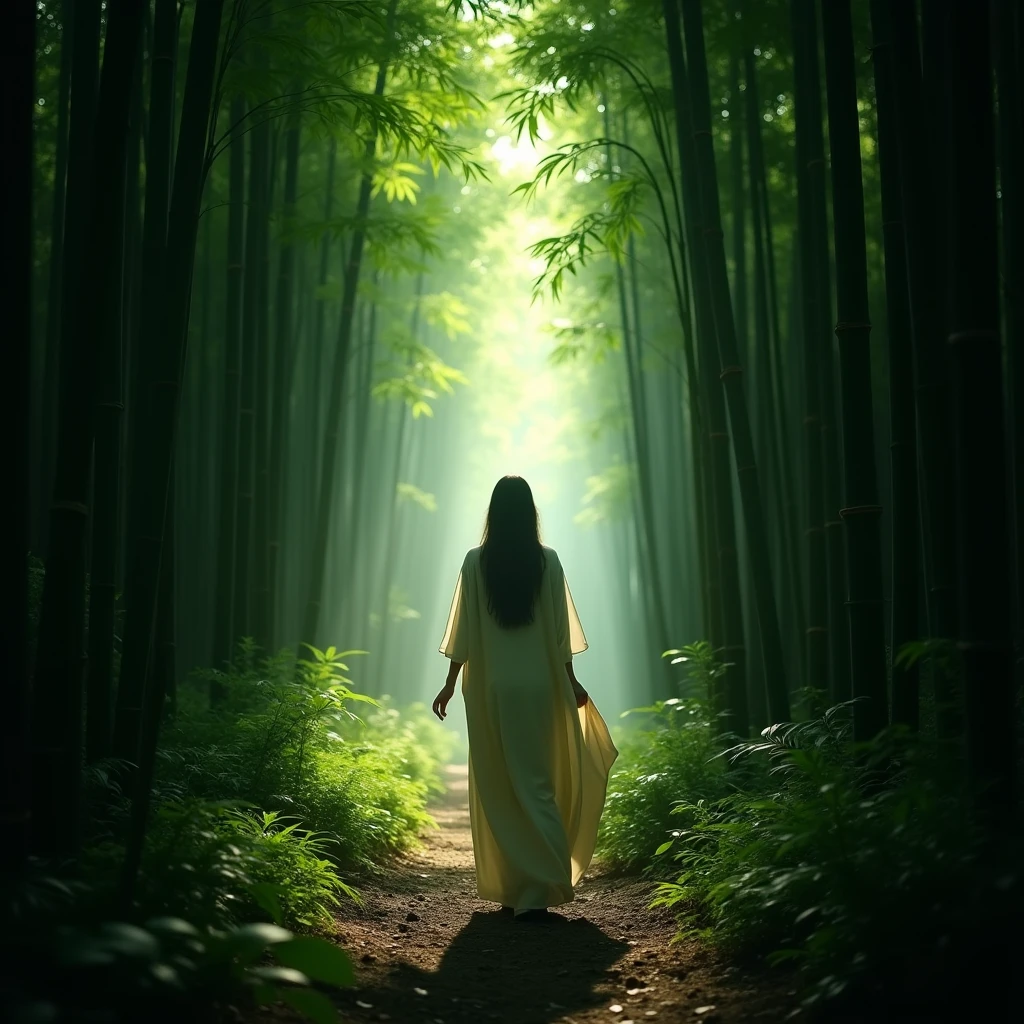 Deep into the bamboo forest, surrounded by towering bamboo, forming a natural green tunnel. Capture the density and depth of bamboo forests with a wide-angle lens. Beautiful cinematic lighting, surreal, RAW photo, color graded, dynamic movement, captivating chiaroscuro, full body, award-winning, cinematic still, emotional, vignette, dynamic, vivid, (masterpiece, best quality, photorealistic, Professional, perfect composition, very aesthetic, absurdres, ultra-detailed, intricate details:1.3)