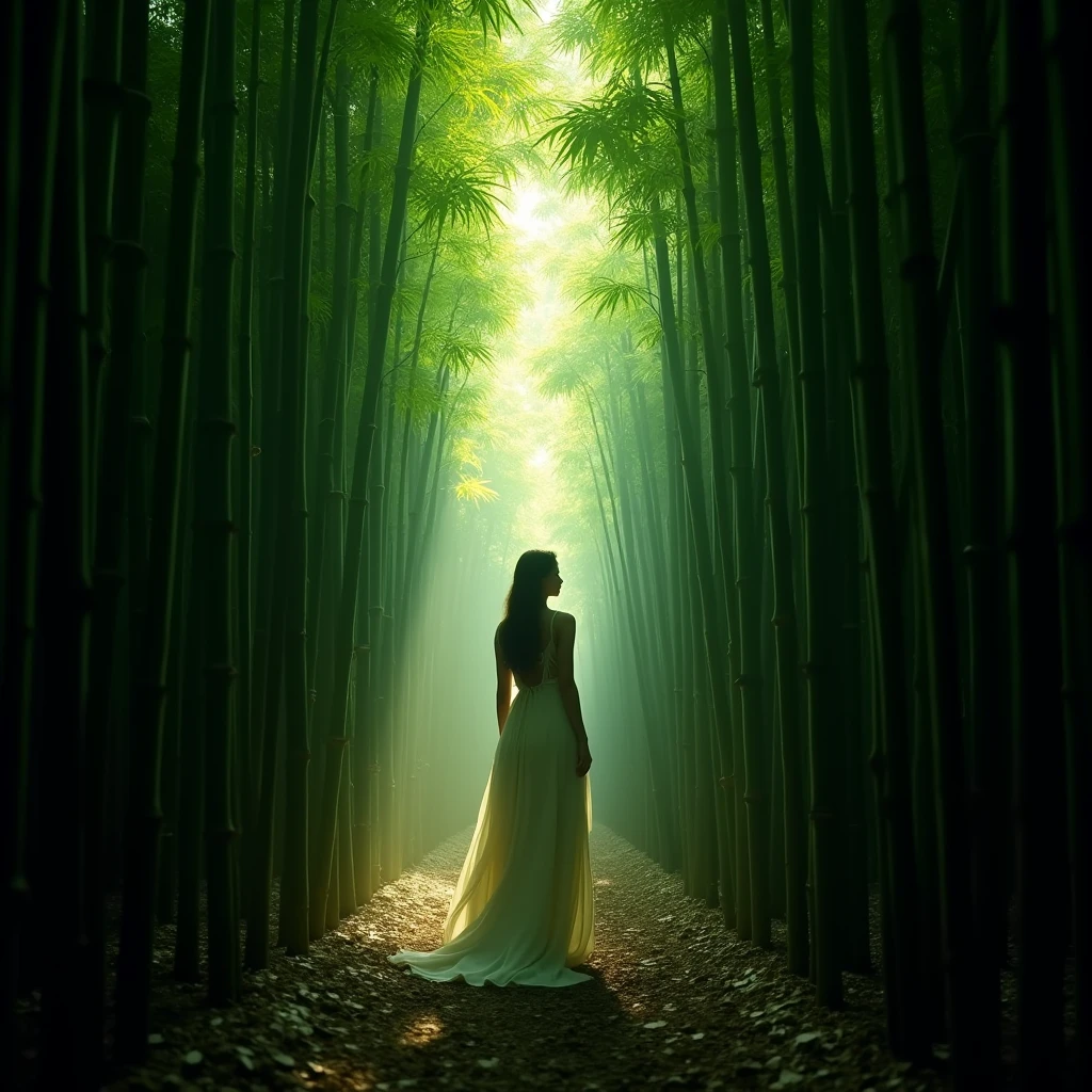 Deep into the bamboo forest, surrounded by towering bamboo, forming a natural green tunnel. Capture the density and depth of bamboo forests with a wide-angle lens. Beautiful cinematic lighting, surreal, RAW photo, color graded, dynamic movement, captivating chiaroscuro, full body, award-winning, cinematic still, emotional, vignette, dynamic, vivid, (masterpiece, best quality, photorealistic, Professional, perfect composition, very aesthetic, absurdres, ultra-detailed, intricate details:1.3)