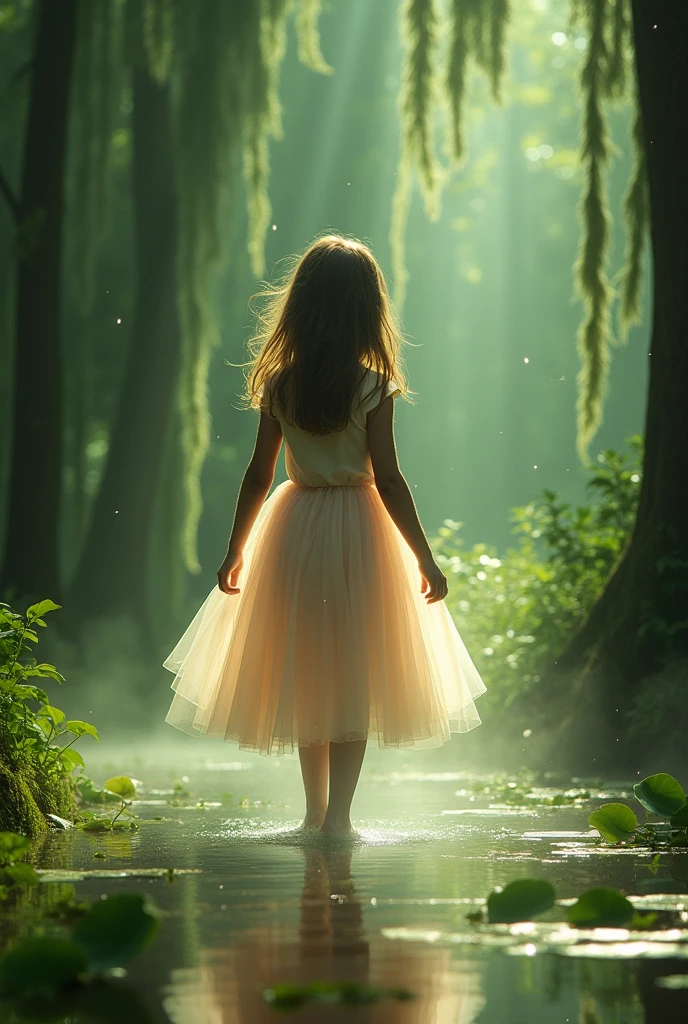 Girl walking on the green swamp,Wearing tulle,Magic background