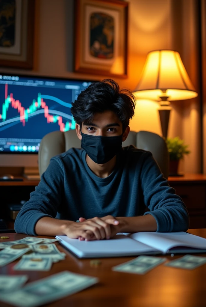 A 20 years deshi boy sitting on a Comfortable chair and looks in front with face mask, well furnished room, computer behind with the view of trading chart and many doller and coins on the table.