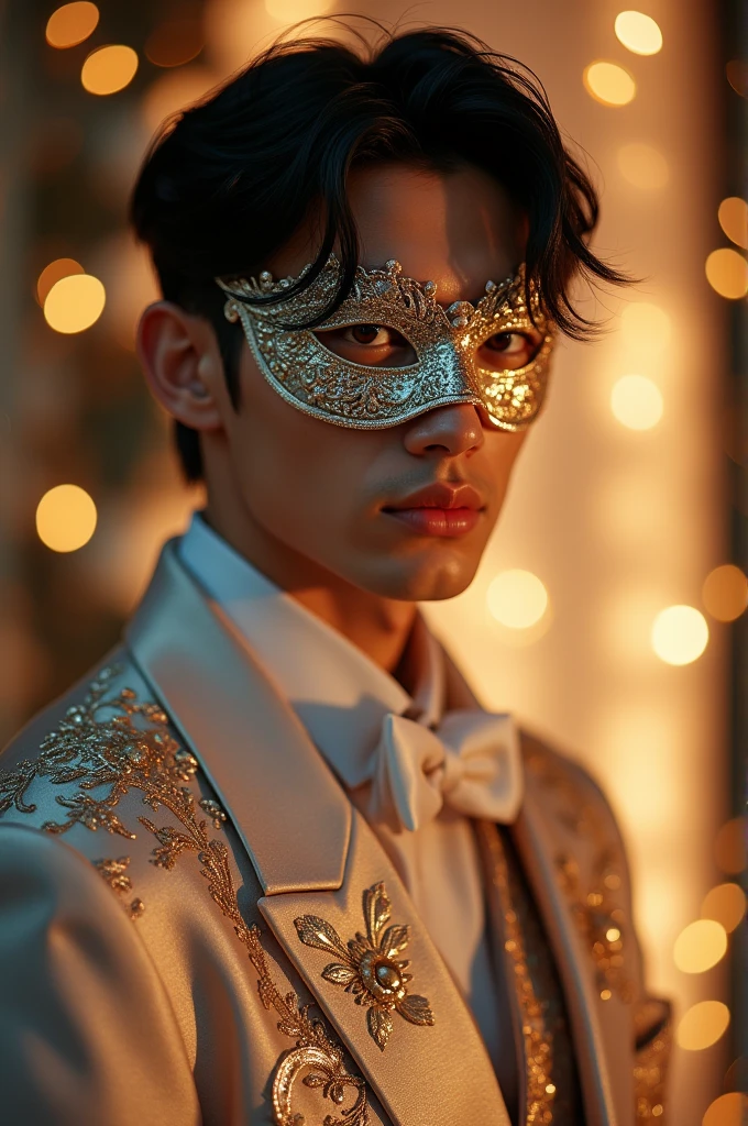 Generate a drawing of a handsome Japanese man, with golden eyes, black hair, wearing a chic and beautiful prom suit with lots of details and a loose scarf on the shoulders with light colors, he must be wearing a nice metallic mask