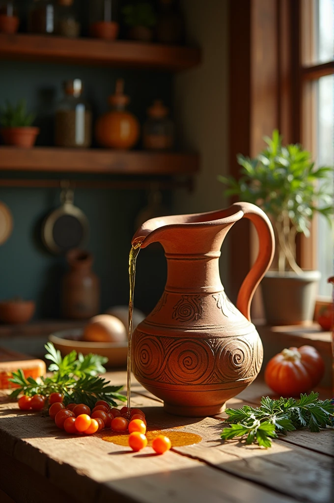 Clay jug pouring oil 
